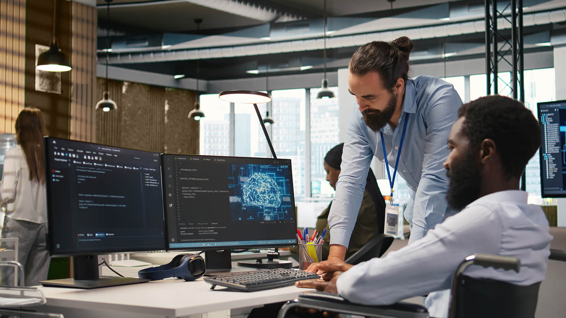 Two male professionals learning how to future-proof their STEM careers with essential AI skills and reskilling strategies to secure a job. 