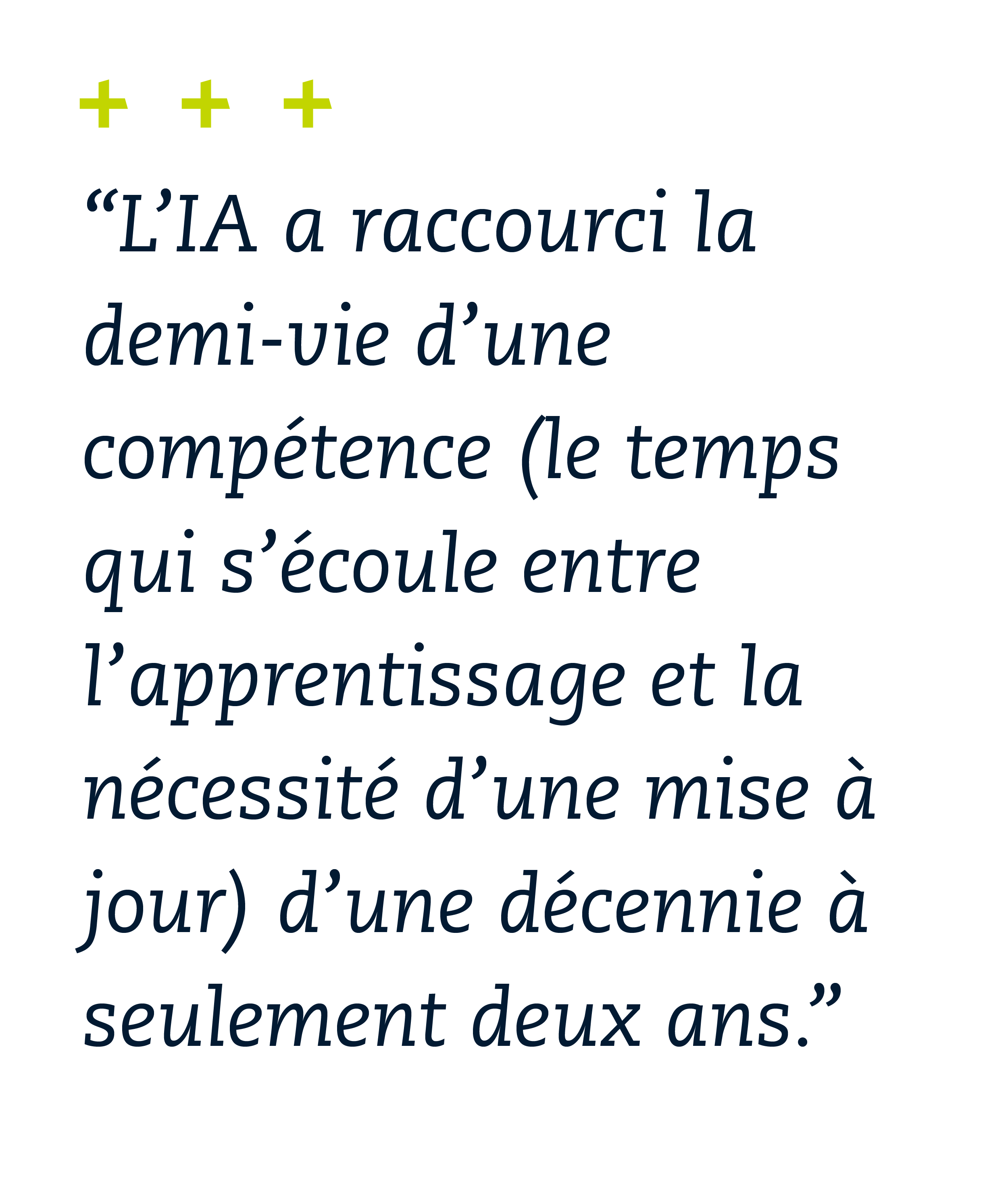 "L’IA a raccourci la demi-vie d’une compétence (le temps qui s’écoule entre l’apprentissage et la nécessité d’une mise à jour) d’une décennie à seulement deux ans."