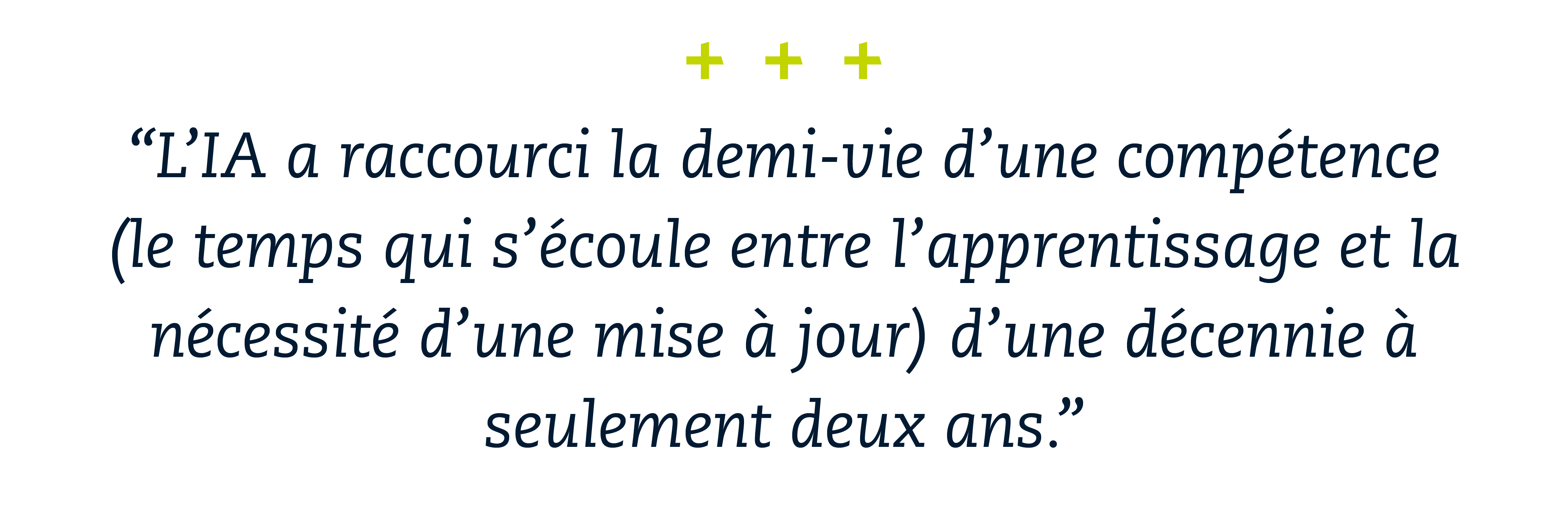 "L’IA a raccourci la demi-vie d’une compétence (le temps qui s’écoule entre l’apprentissage et la nécessité d’une mise à jour) d’une décennie à seulement deux ans."  