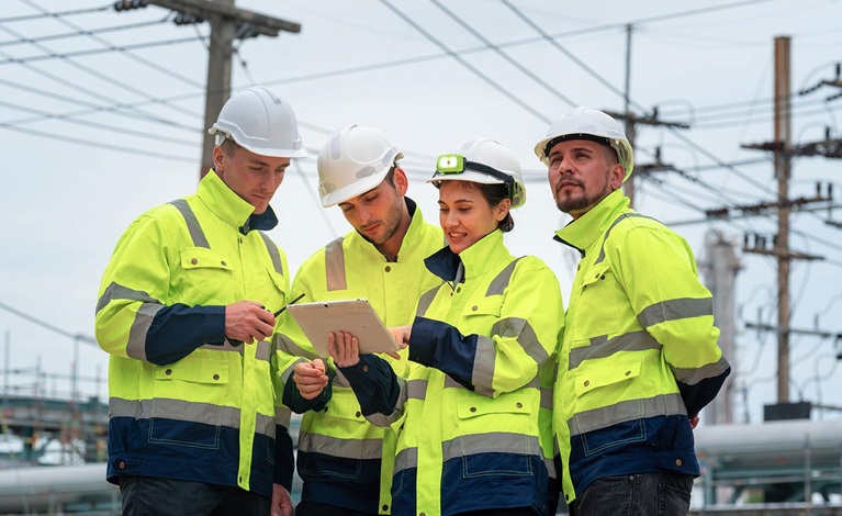 four utility workers in hardhats abd green jackets on the job