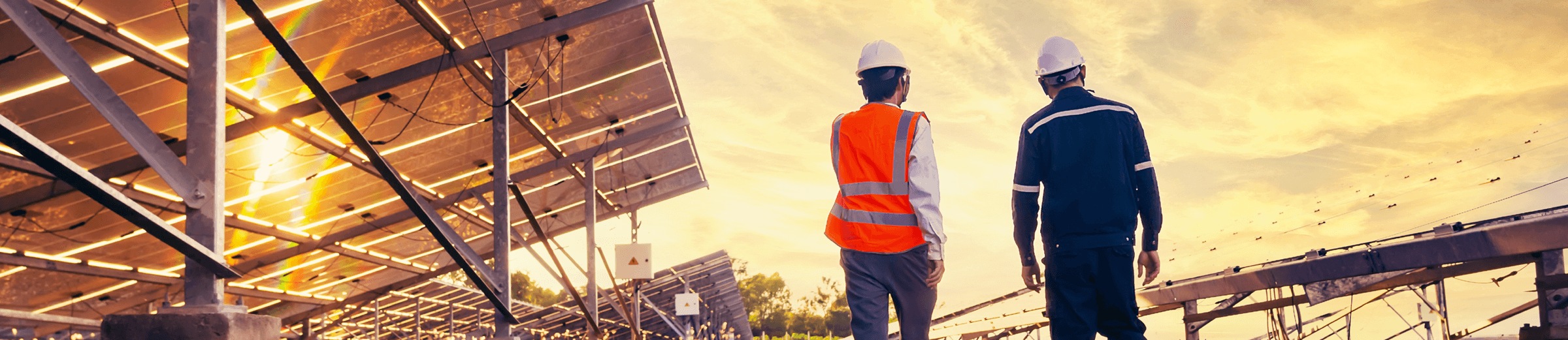Two construction workers in safety gear are overseeing the installation of a vast solar panel array during sunset. The setting sun casts a warm, golden light over the scene, highlighting the panels and the workers’ reflective vests against a backdrop of a partly cloudy sky painted with orange and yellow hues.